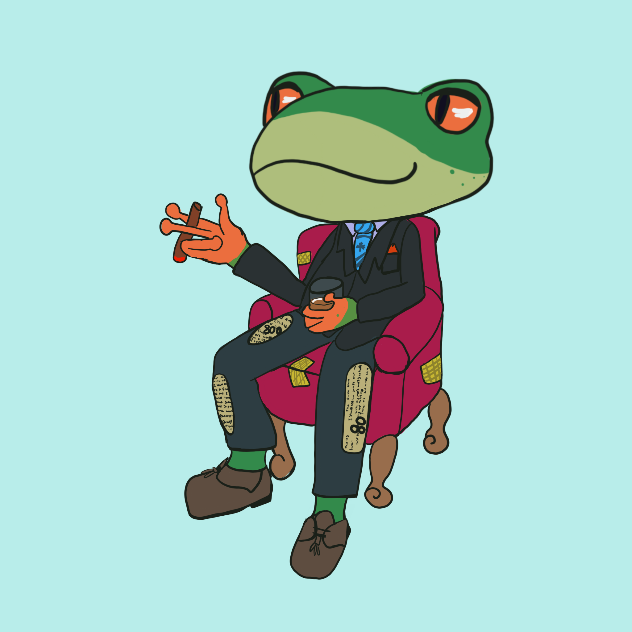 dapper humanoid frog sitting in a chair with alcohol and a cigar