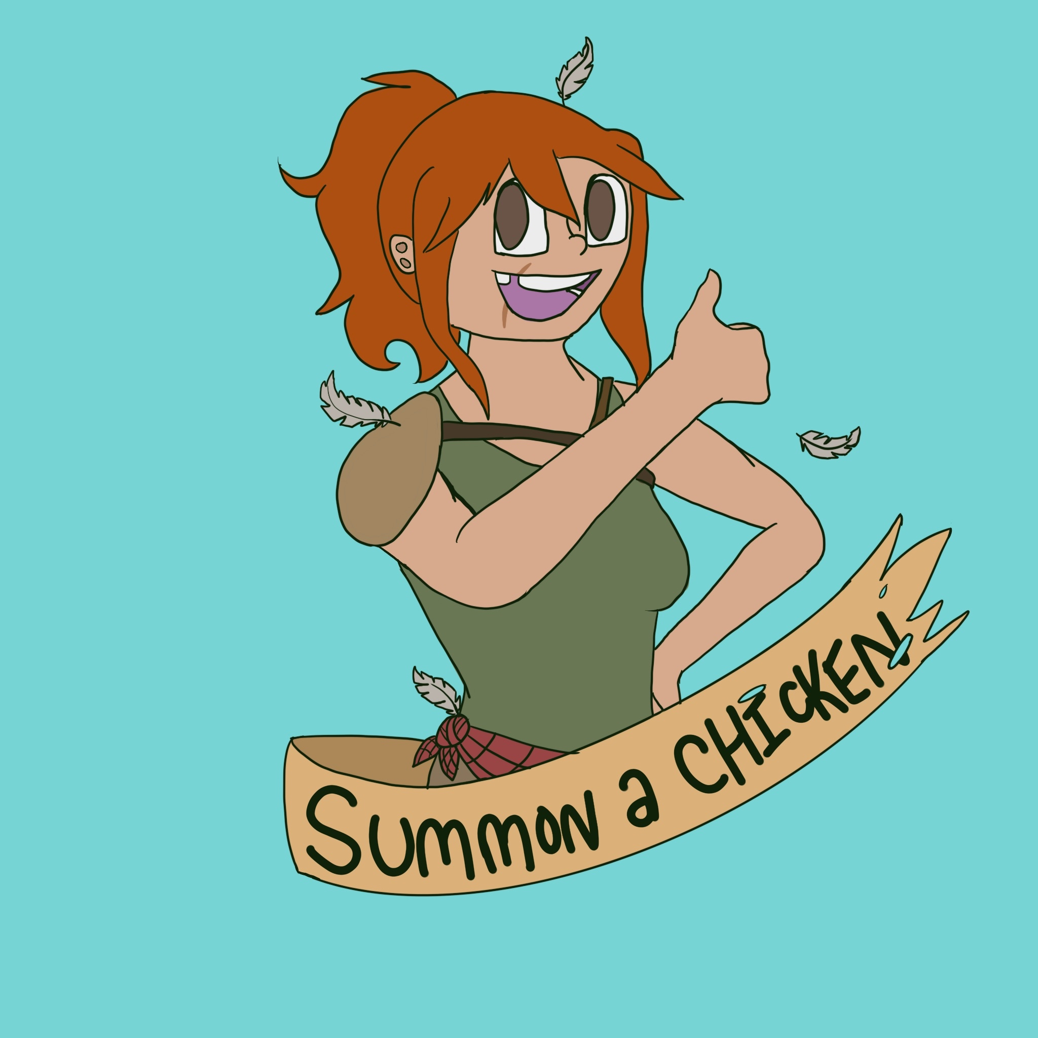 a young woman with her thumb up and a tattered banner below reading 'summon a chicken' 